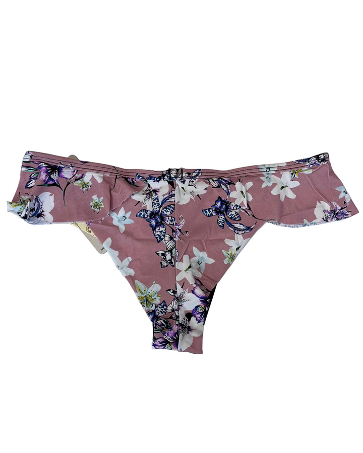 Soft Pink Floral and Ruffle Low Rise Bikini Bottom - Small