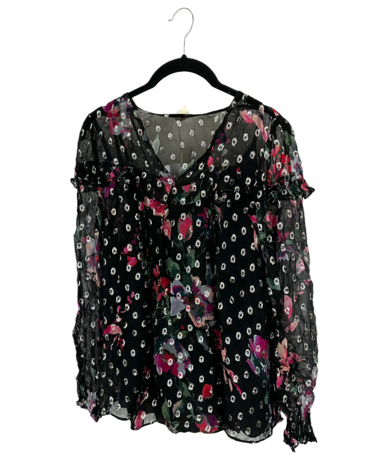 Black Sheer Floral Blouse Top - Size 4/6