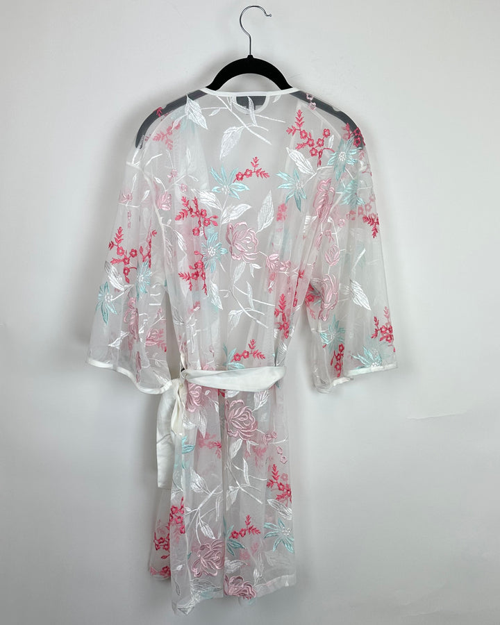 INC White Mesh Floral Robe - Medium