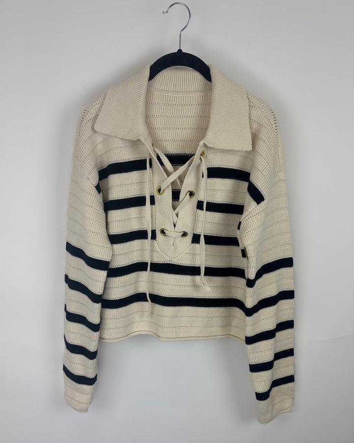 Cream and Black Striped Long Sleeve Sweater - Small