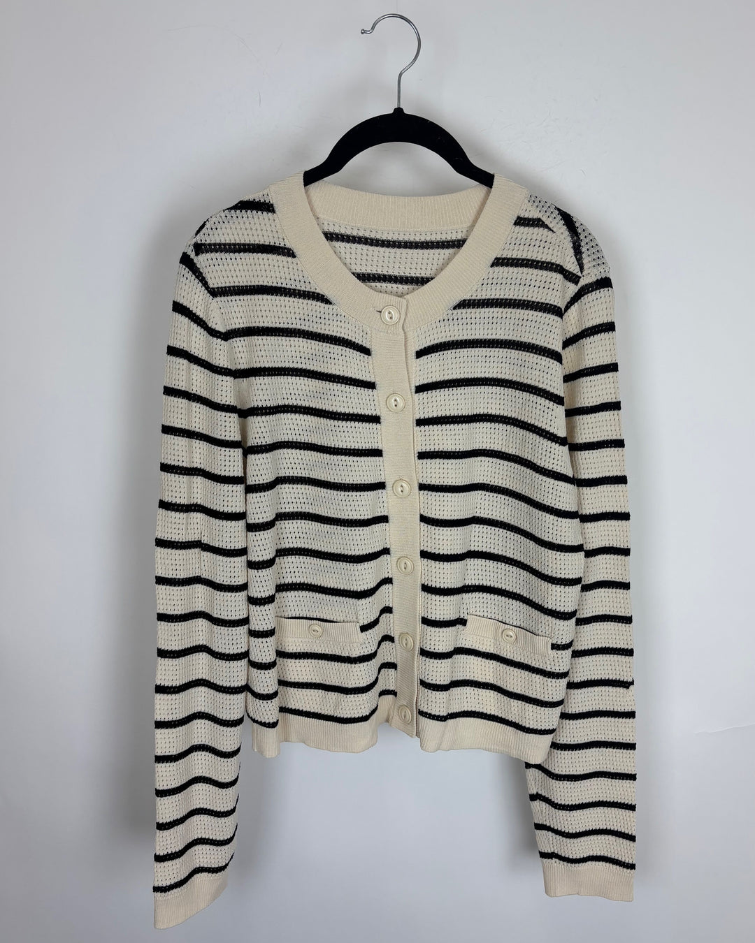 Cream and Black Striped Long Sleeve Cardigan - Size 6/8
