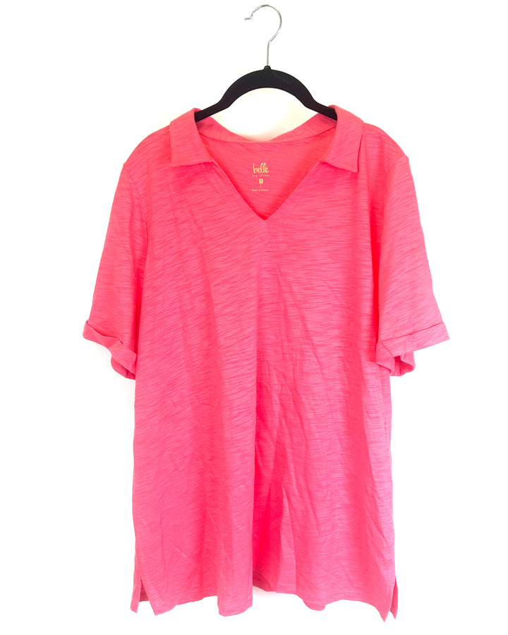 Coral Pink Collared V-neck Tshirt - Size 14/16