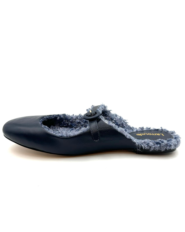 Navy Blue Leather Flat Mule - Size 6.5