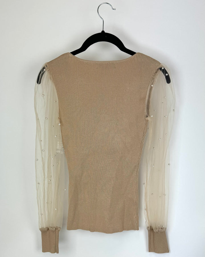 Beige Top with Sheer Sleeves - Size 0/2
