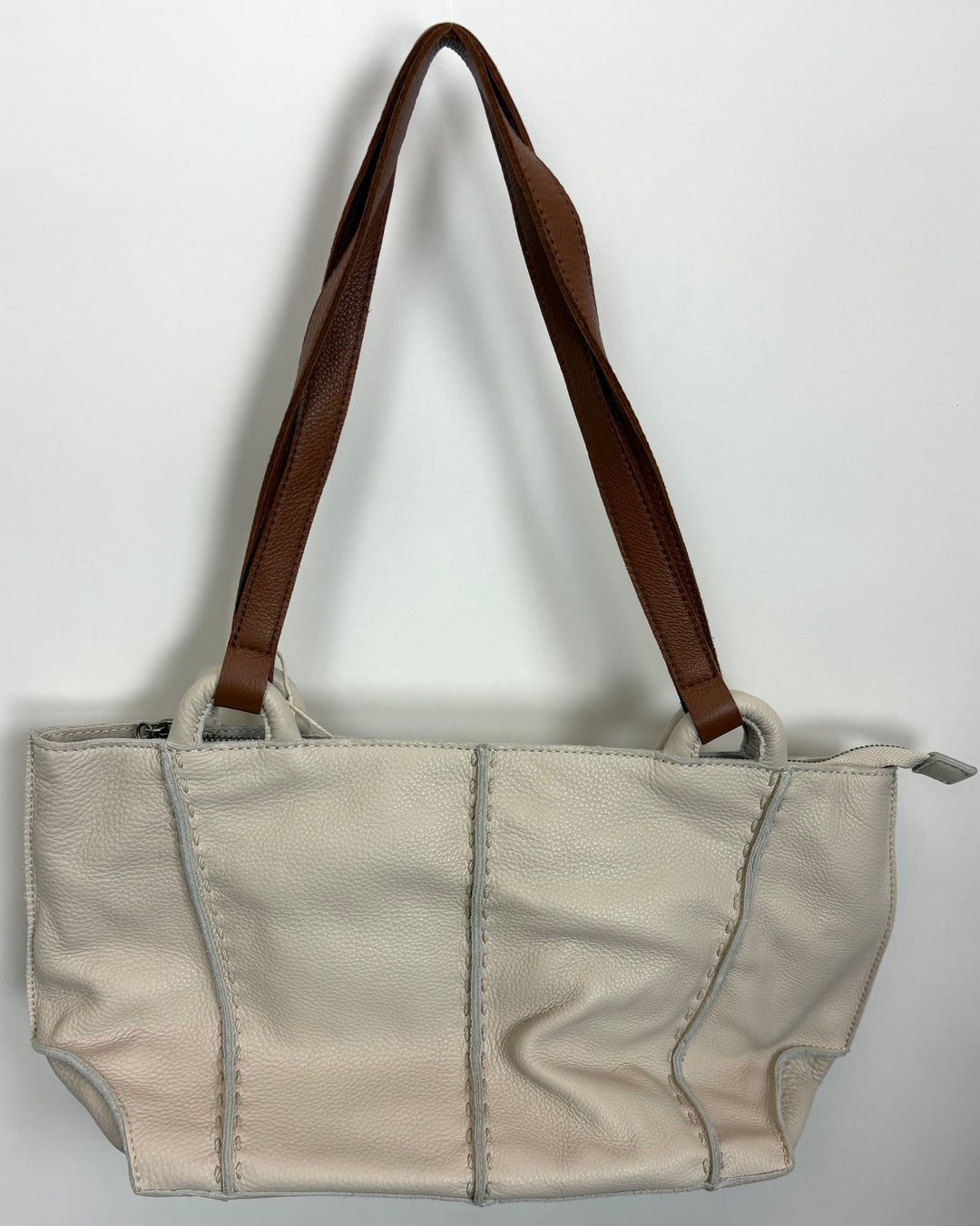 Cream Leather Stitch Panel Tote Bag