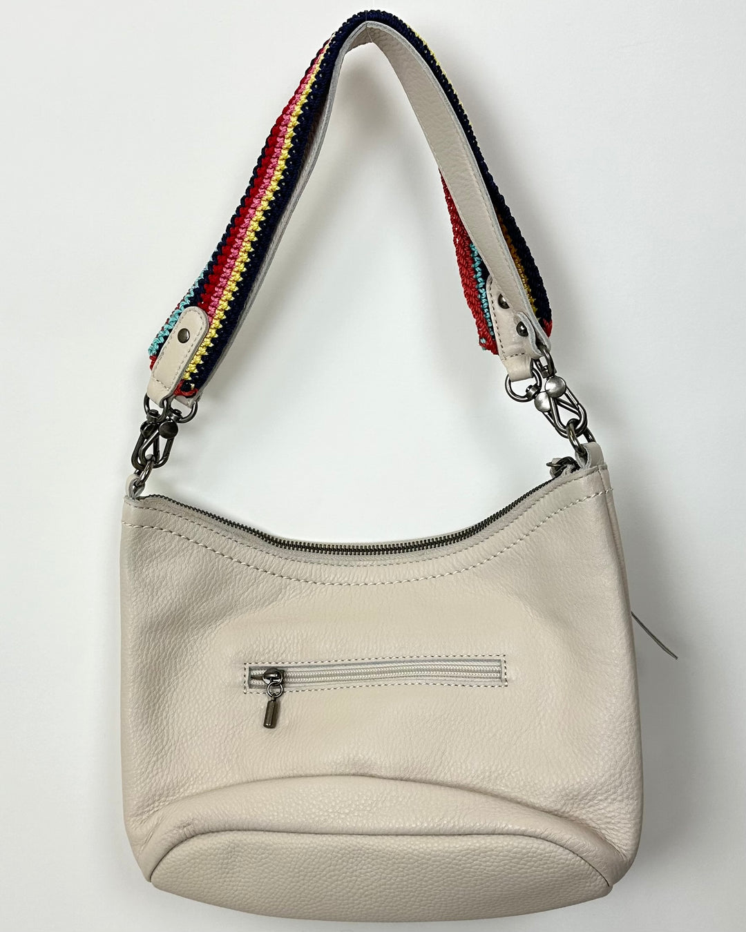 Cream Leather Shoulder Bag With Colorful Strap