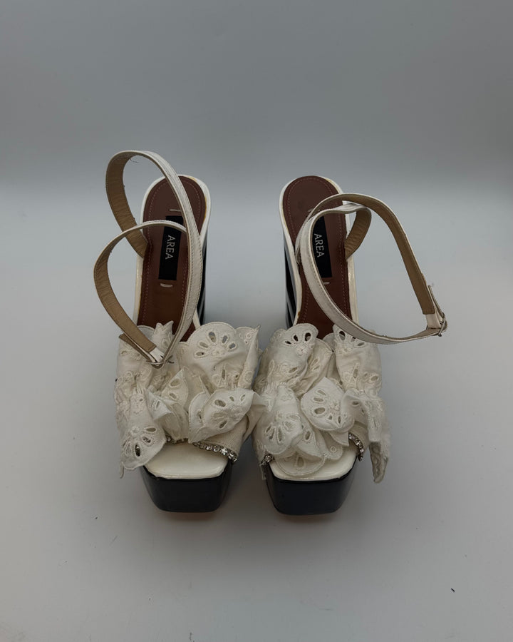 Ivory White Eyelet Ruffle Monogram Platform Sandal - Size 39