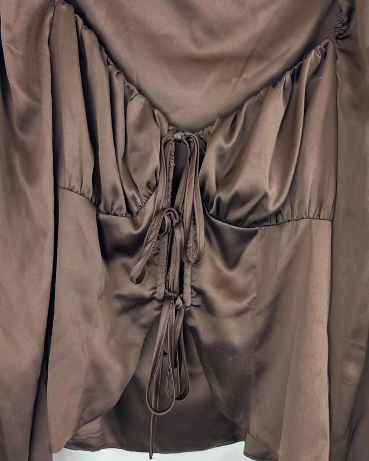 Majorelle Brown Front Tie Closer Top - Extra Small