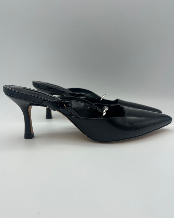 Black Patent Leather Pointed Toe Kitten Heel - Size 7