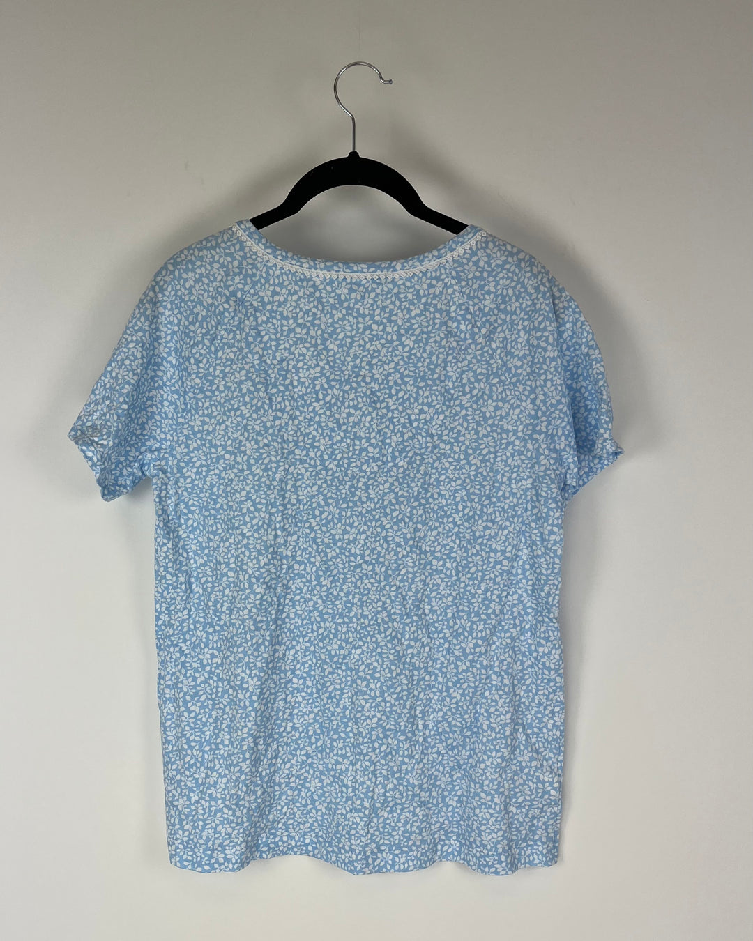 Light Blue Leaf Print Short Sleeve Sleep Shirt - Extra Small