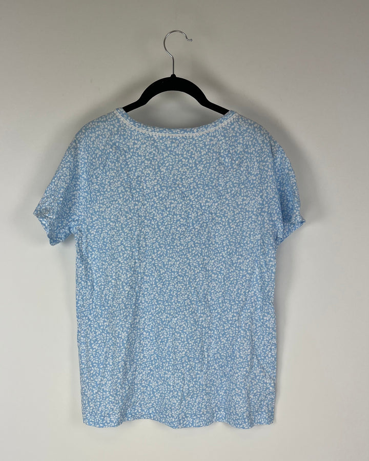 Light Blue Leaf Print Short Sleeve Sleep Shirt - Extra Small