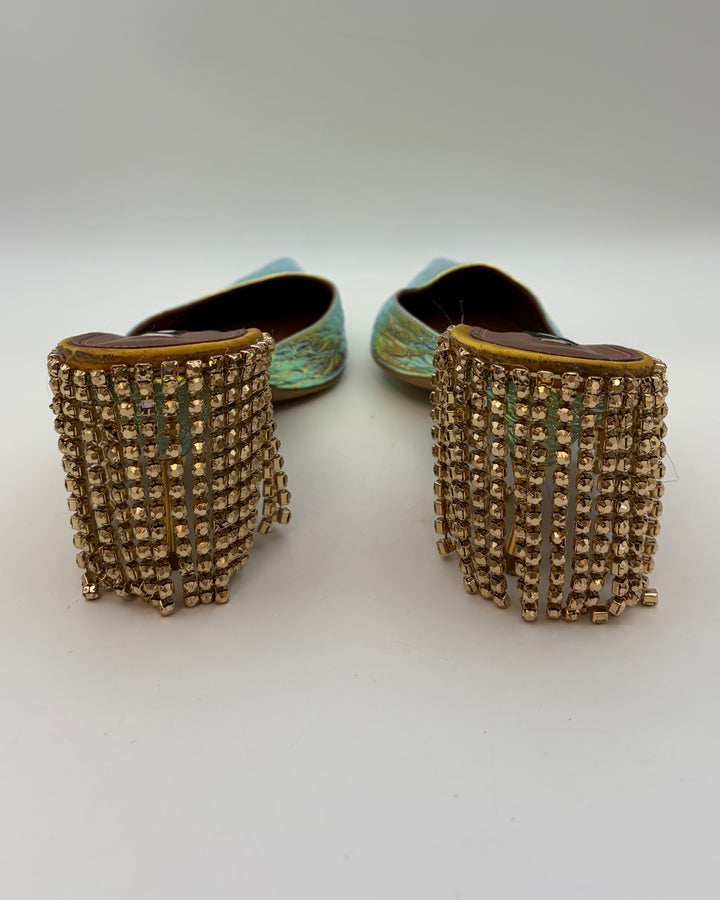Iridescent Textured Rhinestone Fringe Back Heels - Size 40