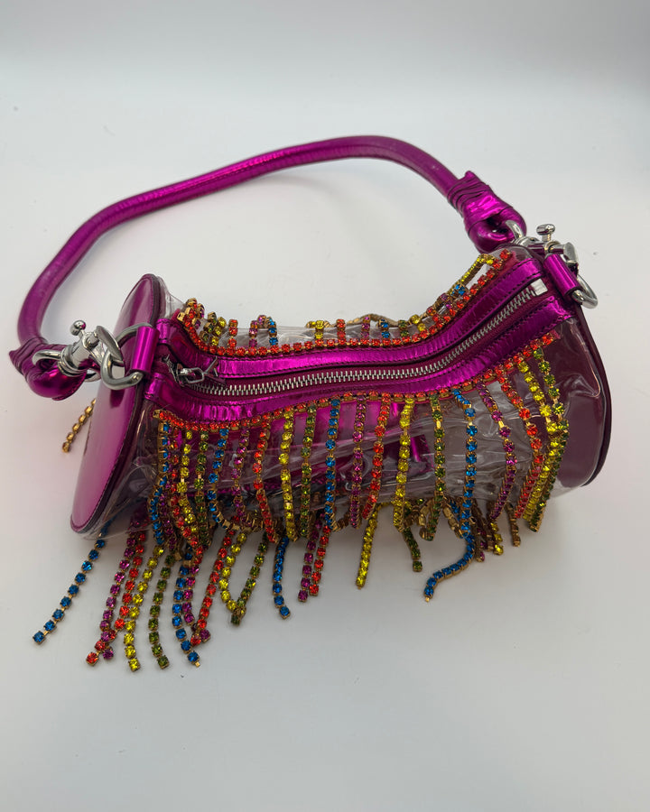 Fuchsia Pink Transparent Rhinestone Fringe Bag