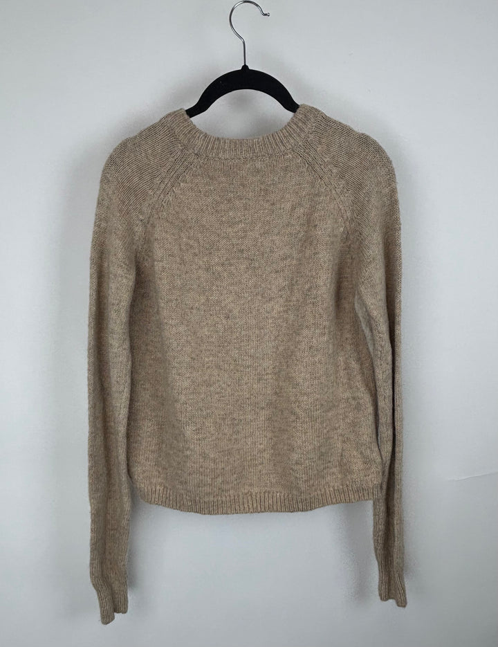 Beige Faux Fur Long Sleeve Knit Sweater - Small