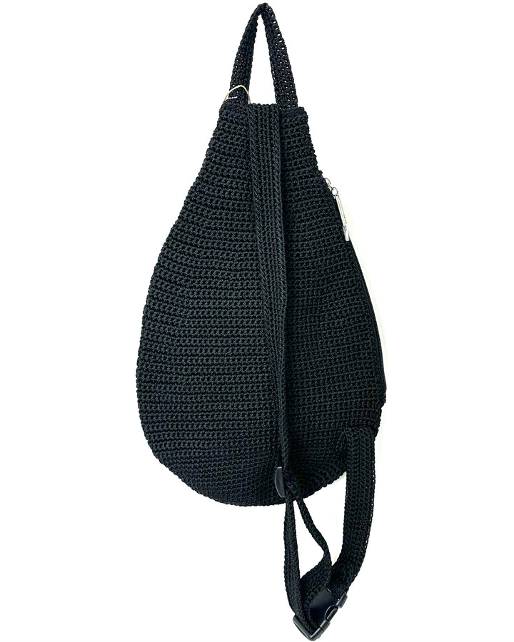 Black Crochet Sling Backpack With "MRH" Initials