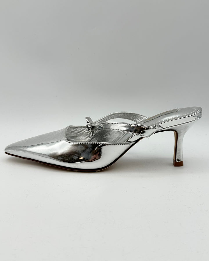 Silver Patent Leather Pointed Toe Kitten Heel - Size 6