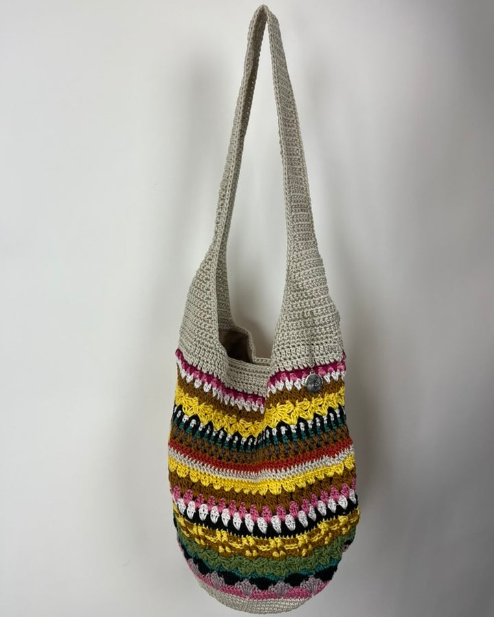 Beige Multicolor Crochet Bucket Tote Bag