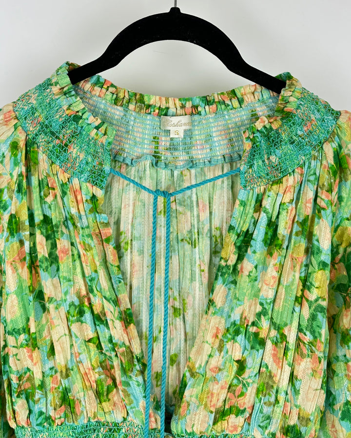 Green Floral V-Neck Dress - Small