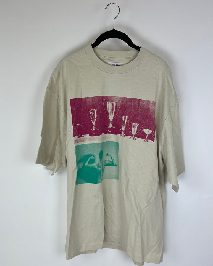 MENS Beige Brown Trophy Design Tee - Medium