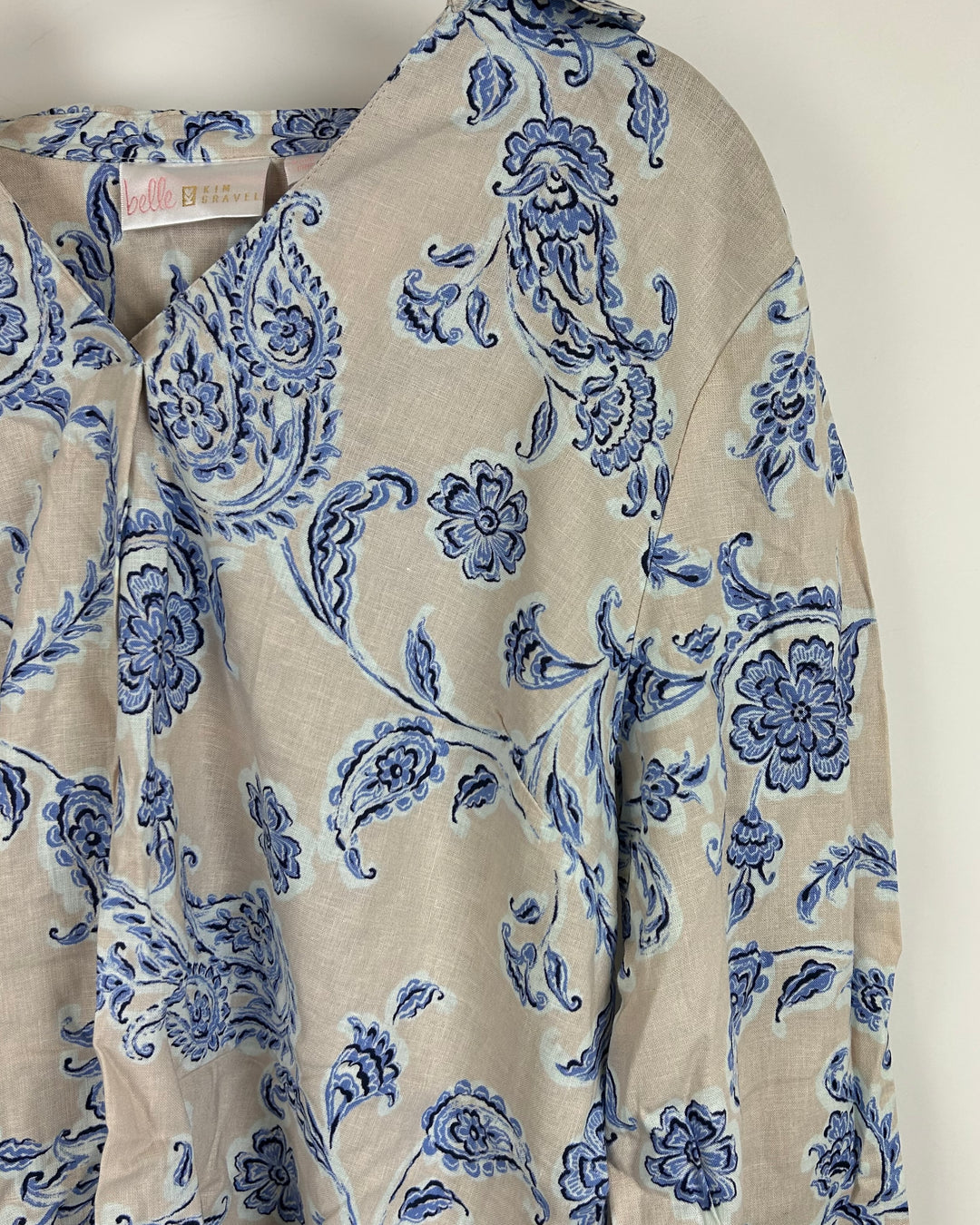Beige Long Sleeve Top with Blue Paisley Design - Size 6/8