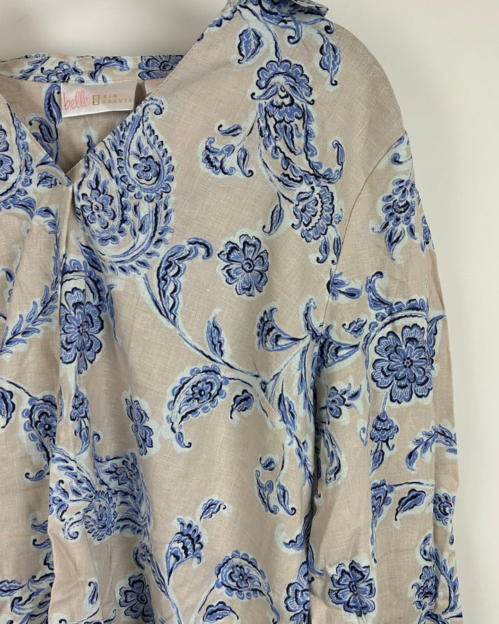 Beige Long Sleeve Top with Blue Paisley Design - Size 6/8