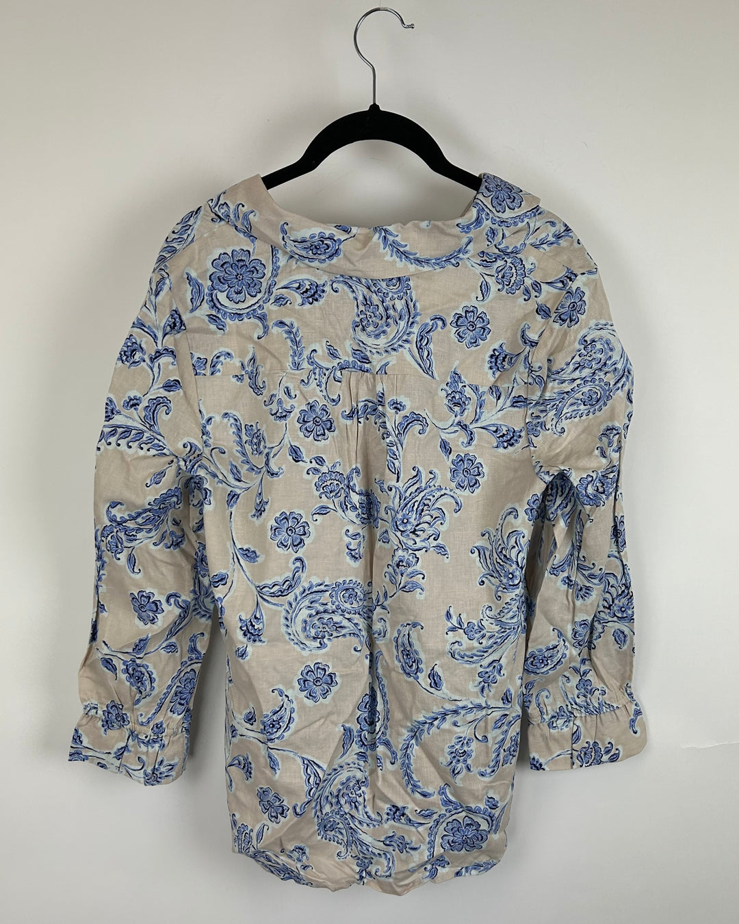 Beige Long Sleeve Top with Blue Paisley Design - Size 6/8