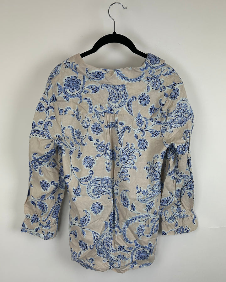 Beige Long Sleeve Top with Blue Paisley Design - Size 6/8