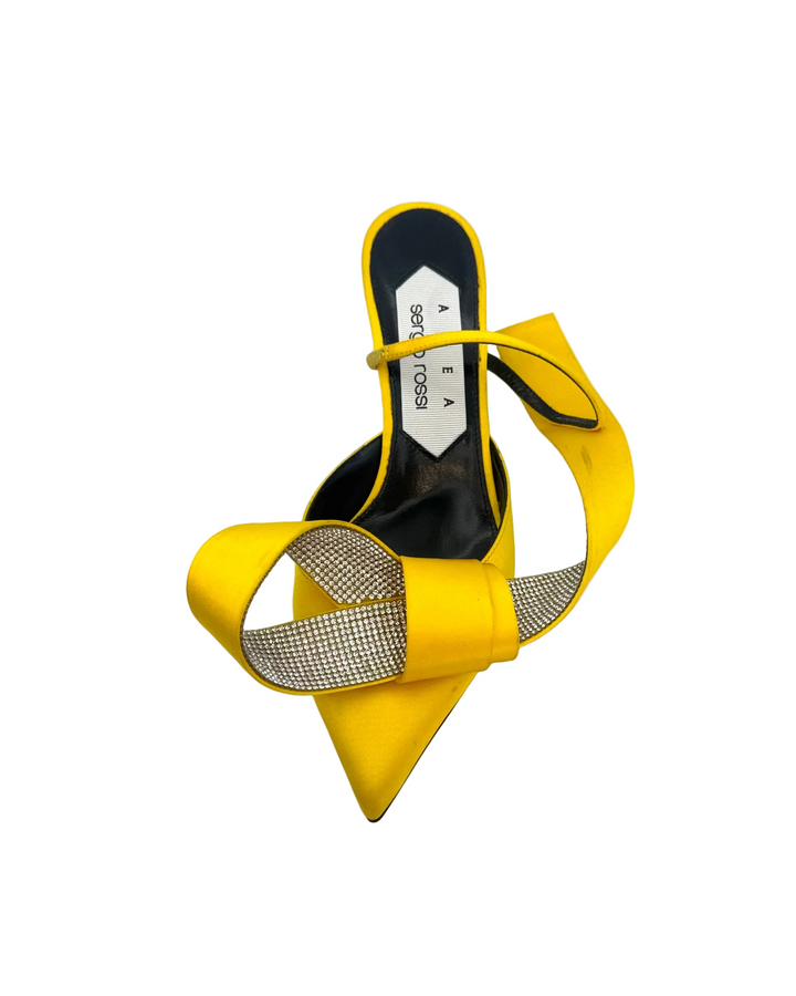 Bright Yellow Rhinestone Bow Kitten Heels - Size 38