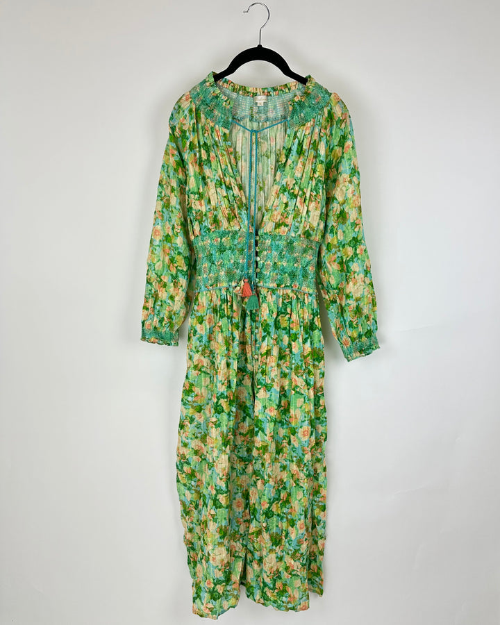Green Floral V-Neck Dress - Small
