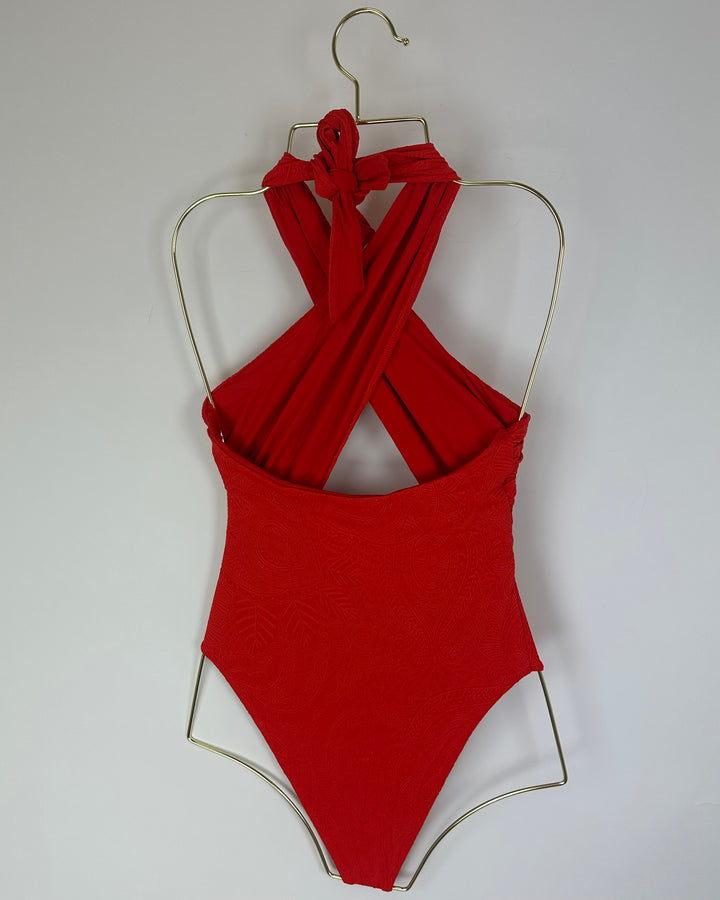 Red Embossed Multi Wear One Piece Swimsuit - Extra Small