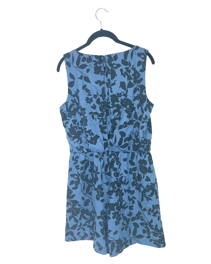Muted Blue Romper With Black Floral Design - Size 8