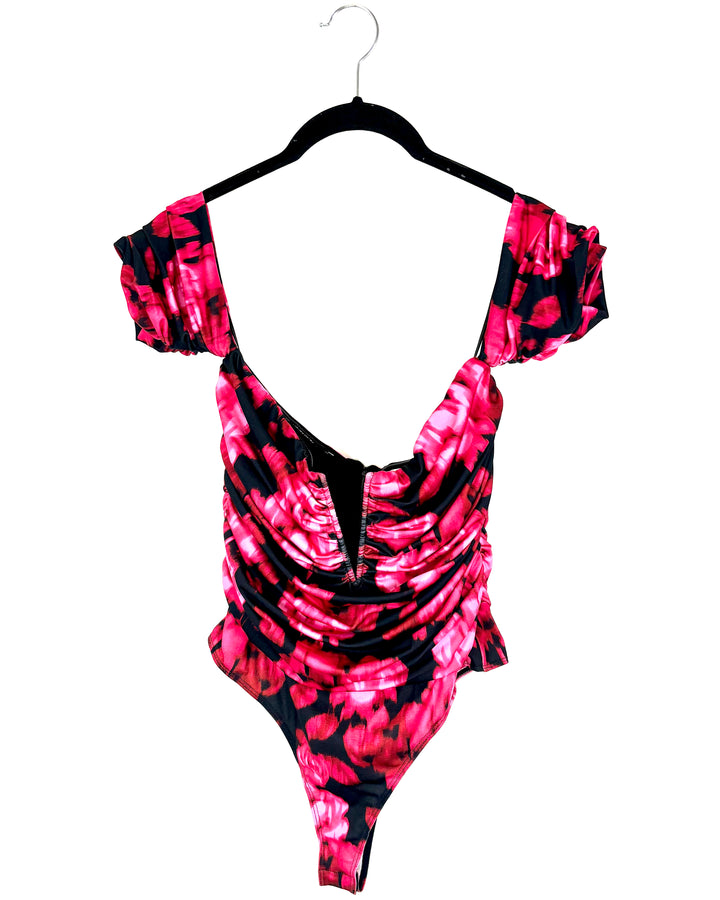 Pink Floral Off-The-Shoulder Ruched Bodysuit - Extra Small, Small, And Medium