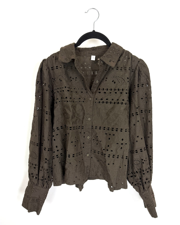 Brown Eyelet Long Sleeve Button Up- Size 4/6