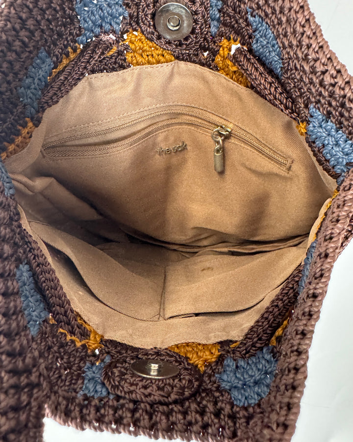 Brown Checkered  Crochet Convertible Backpack