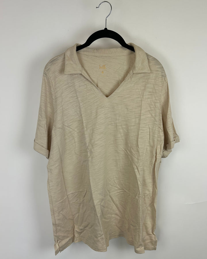 Beige Short Sleeve Top With Collar - Size 10/12