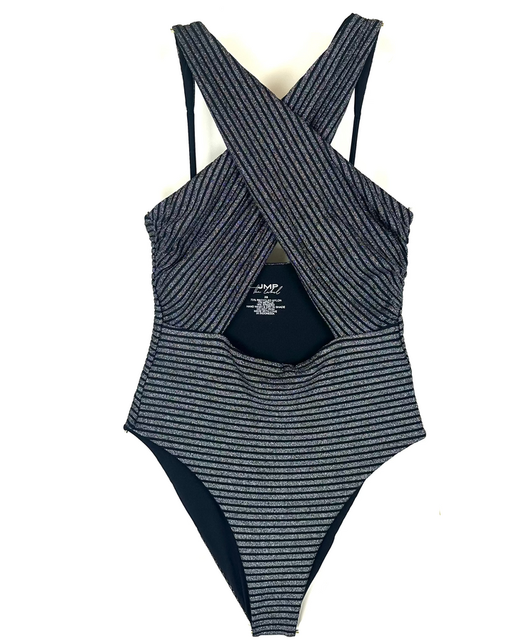 Metallic Black Halter One Piece Swimsuit -  XS