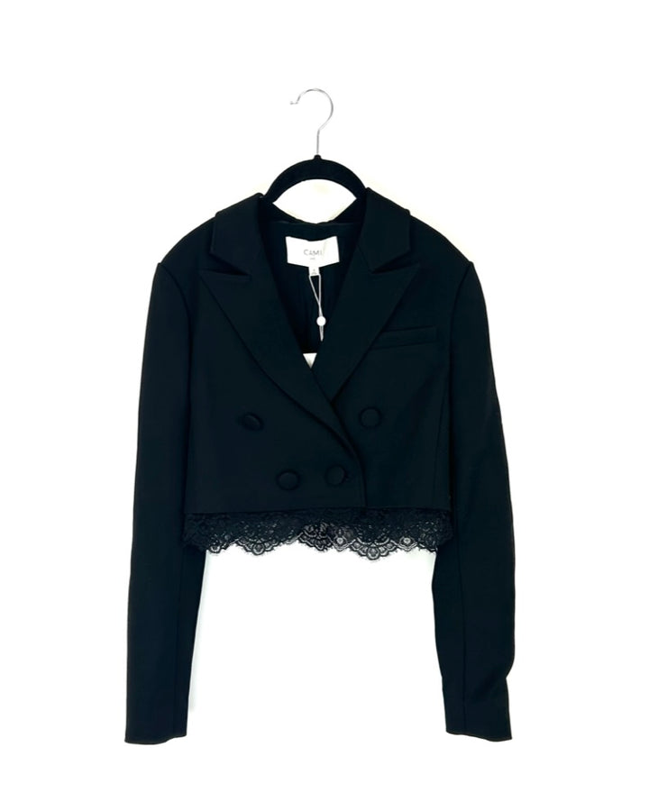 Cropped Black Lace Trim Blazer - Small
