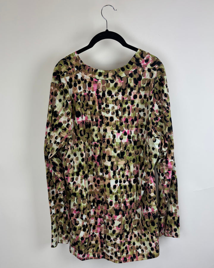 Green, Brown and Pink Dot Pattern Long Sleeve Top - Size 14/16