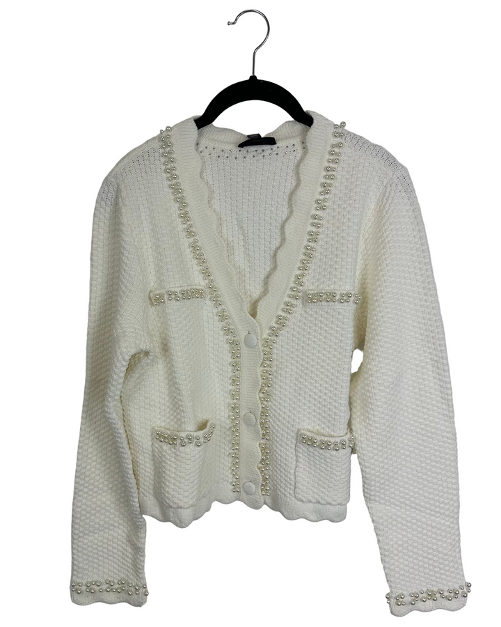 White Knit Faux Pearl Cardigan - Size 2/4 and 4/6
