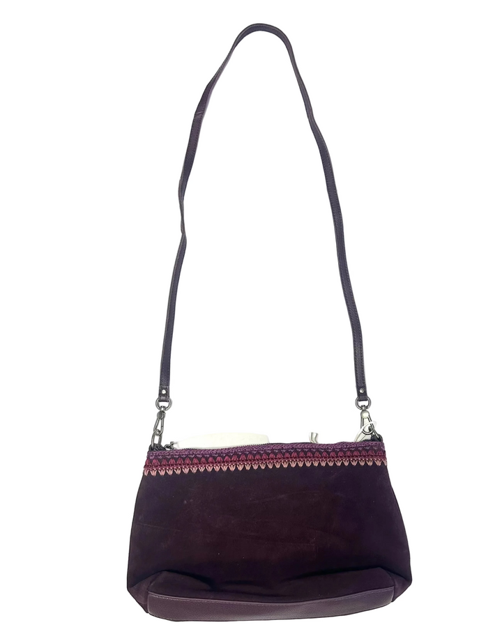 Merlot Purple Crochet Trim Suede Crossbody Bag