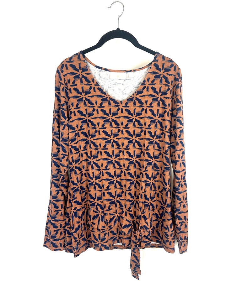 Brown Abstract Long Sleeve V-Neck Top - Size 6/8