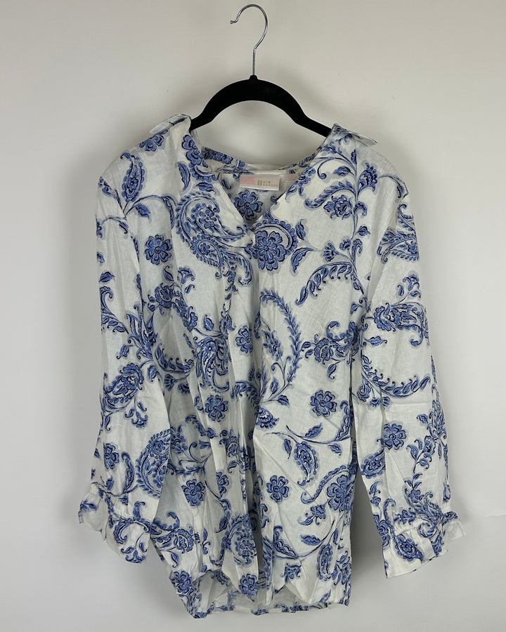 Blue Floral Scroll V-Neck Top- Size 6/8