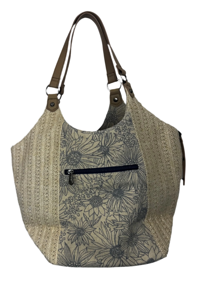 Beige Woven With Blue Floral Stripe Shoulder Bag