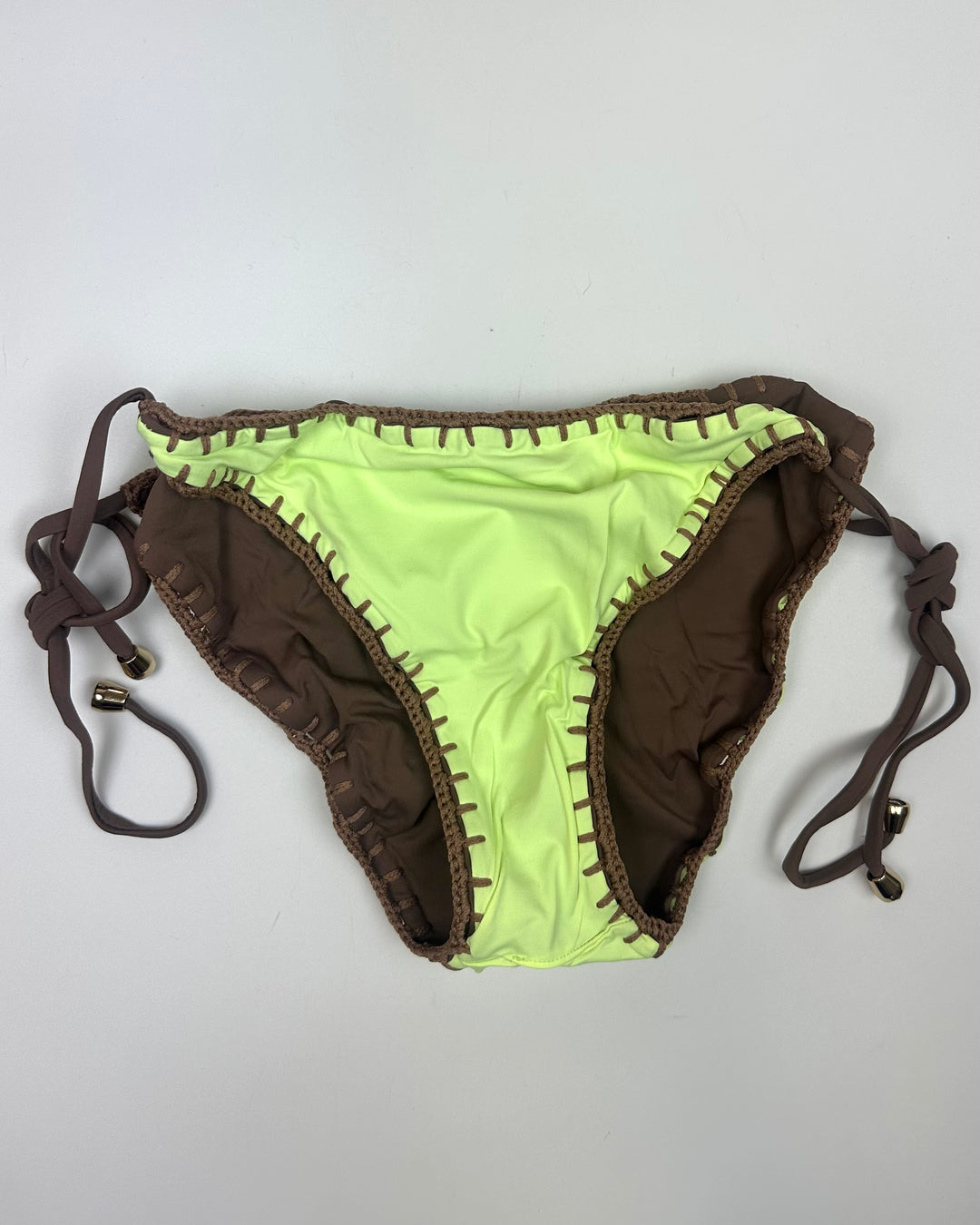 Spring Green and Brown Reversible Crochet Scrunch Tie Bikini Bottom - XL