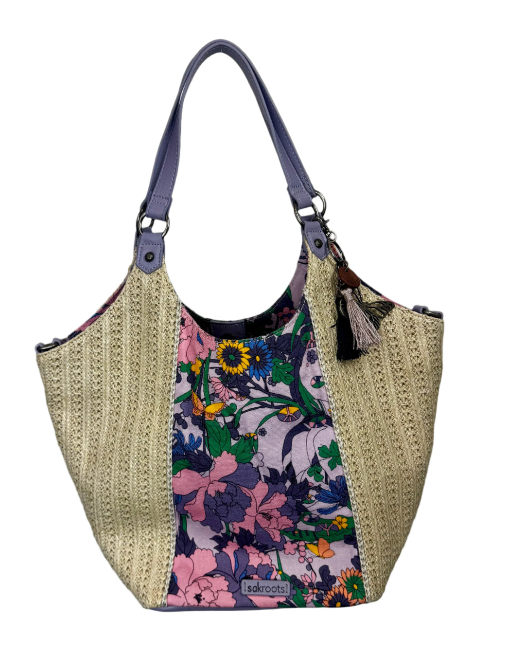 Beige Woven With Purple Floral Stripe Shoulder Bag