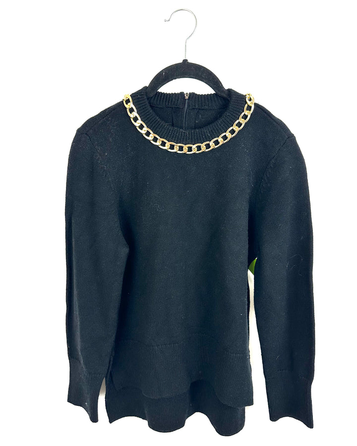 Black Sweater With Gold Chain Neckline - Small