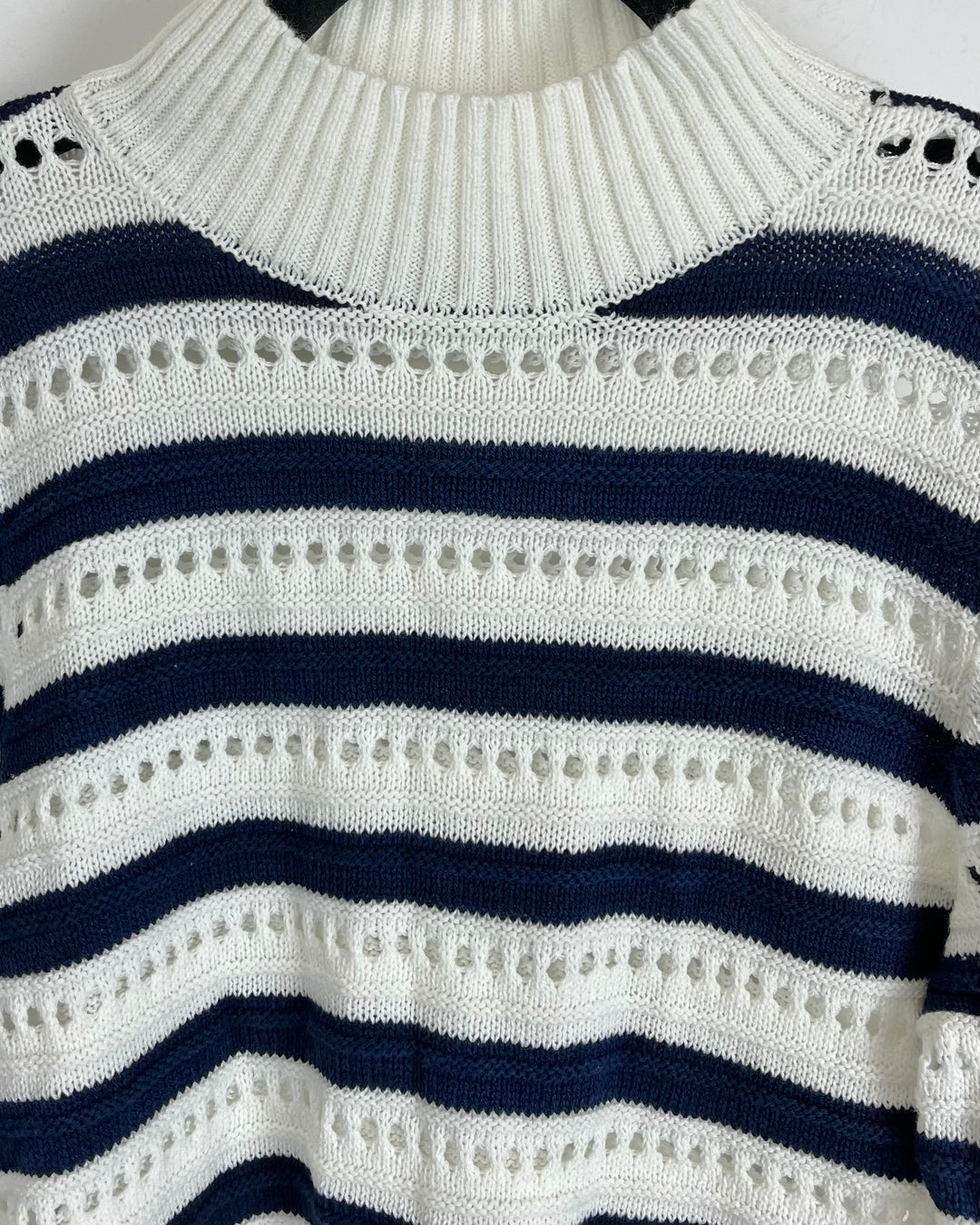 White and Navy Striped Mock Neck Sweater - 2/4