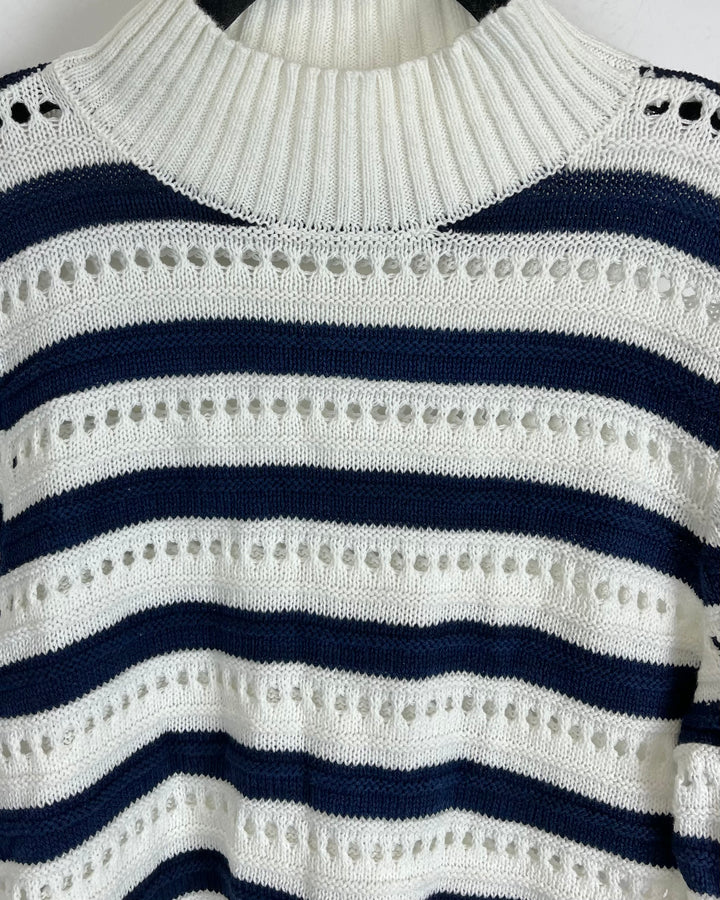 White and Navy Striped Mock Neck Sweater - 2/4