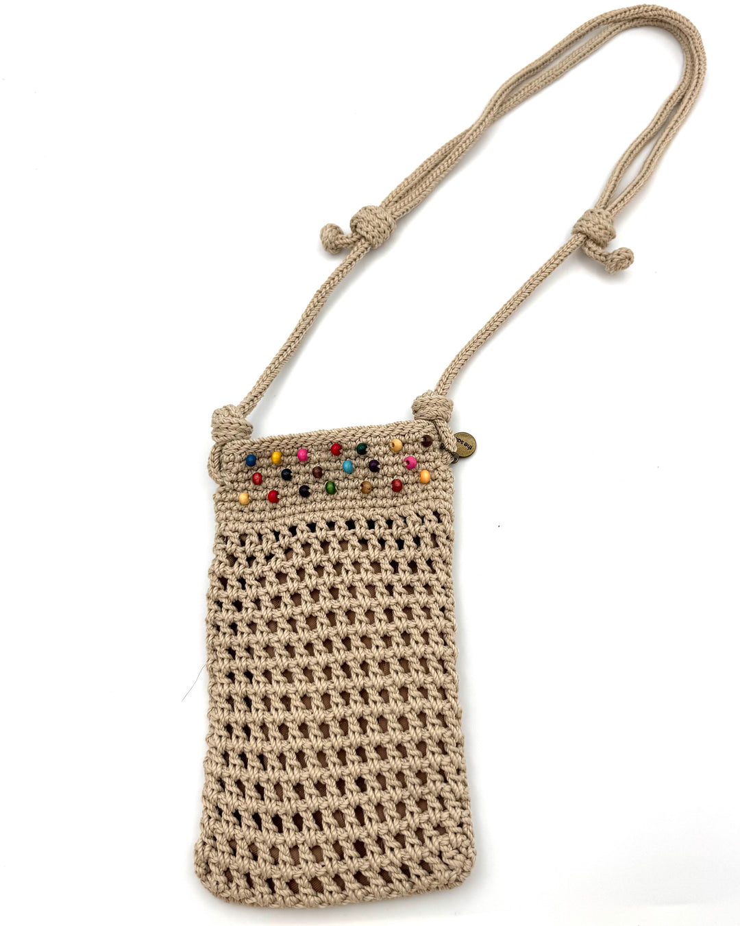 Cream Crochet Shoulder Bag With Beads