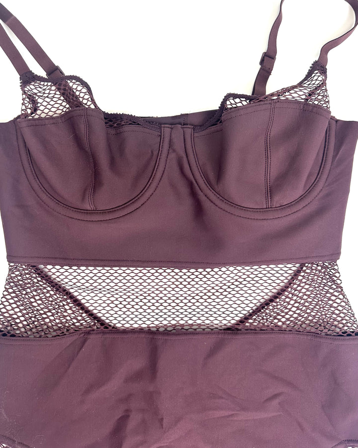 Maroon Mesh Paneling Bodysuit - Small